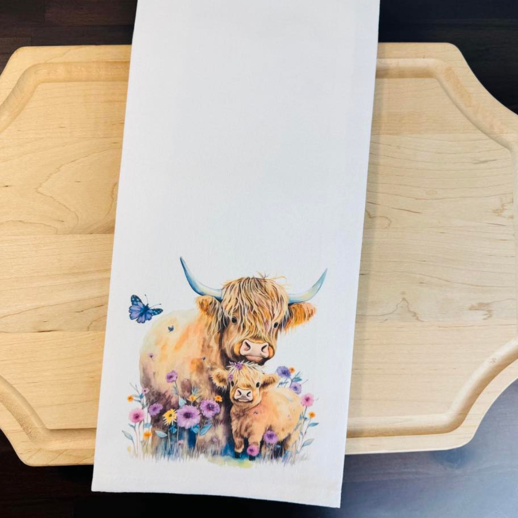 Floral Highland Cows Kitchen Towel