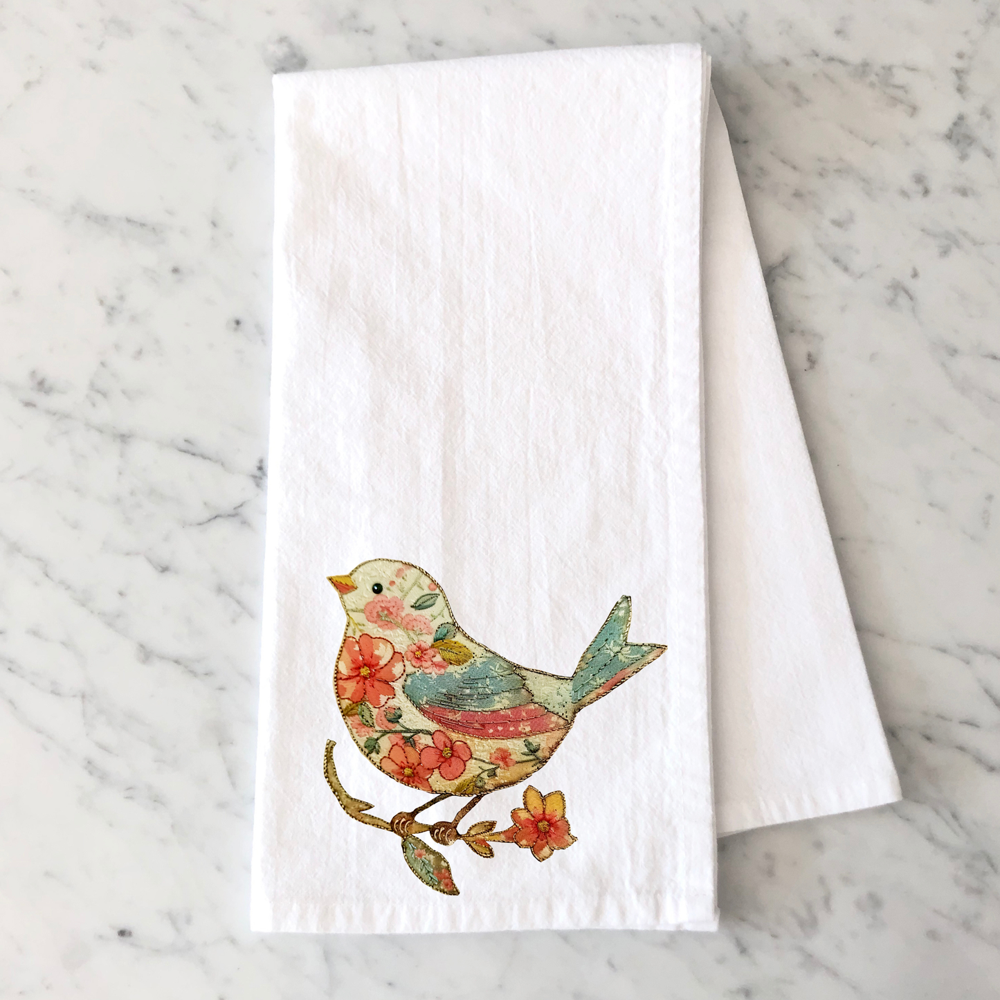 Faux Embroidered Bird Kitchen Towel