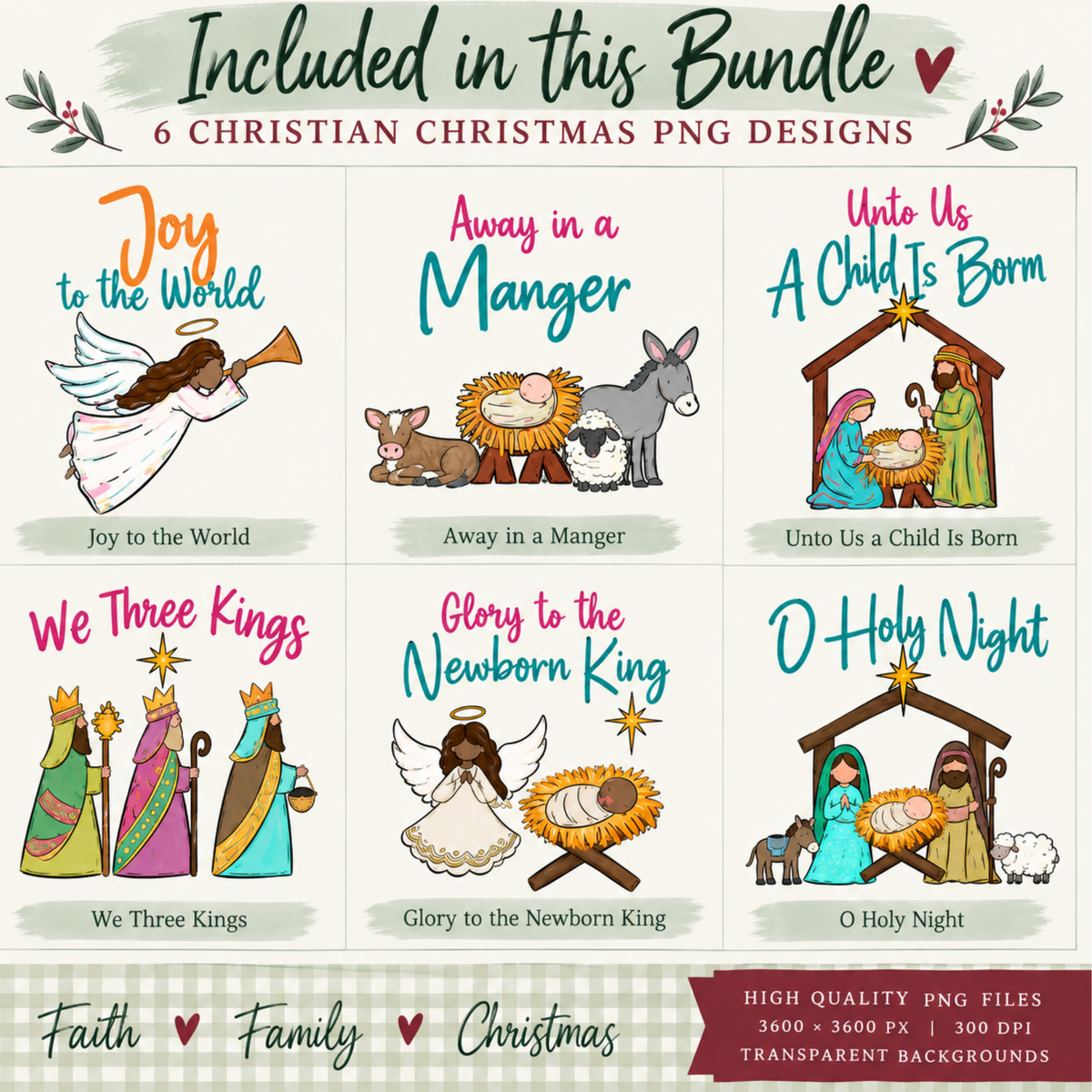 Christian Christmas PNG Bundle, Nativity Sublimation Designs (6 Files)