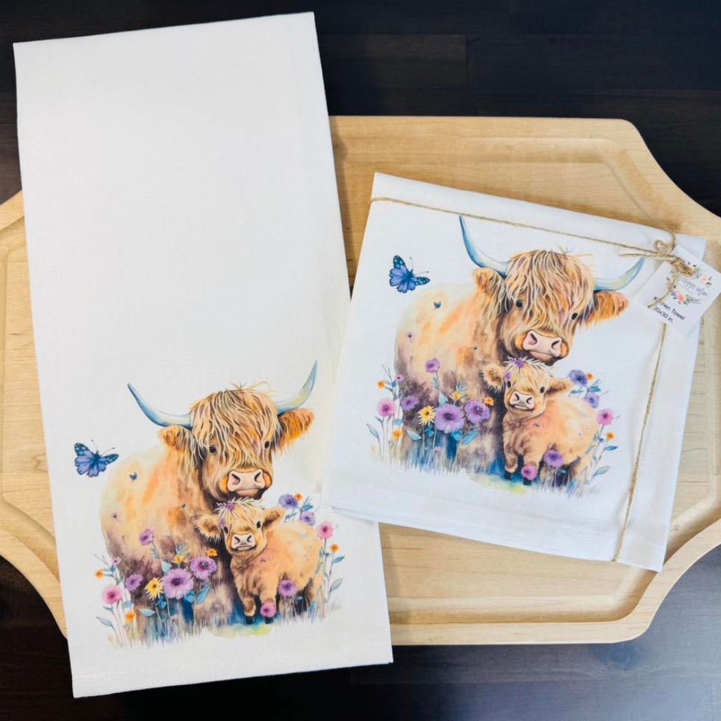 Floral Highland Cows Kitchen Towel