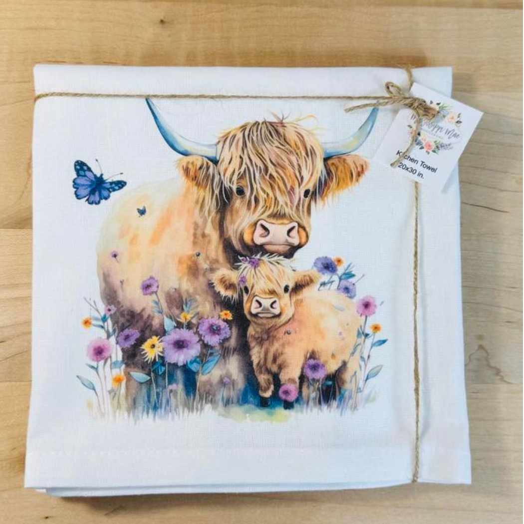 Floral Highland Cows Kitchen Towel