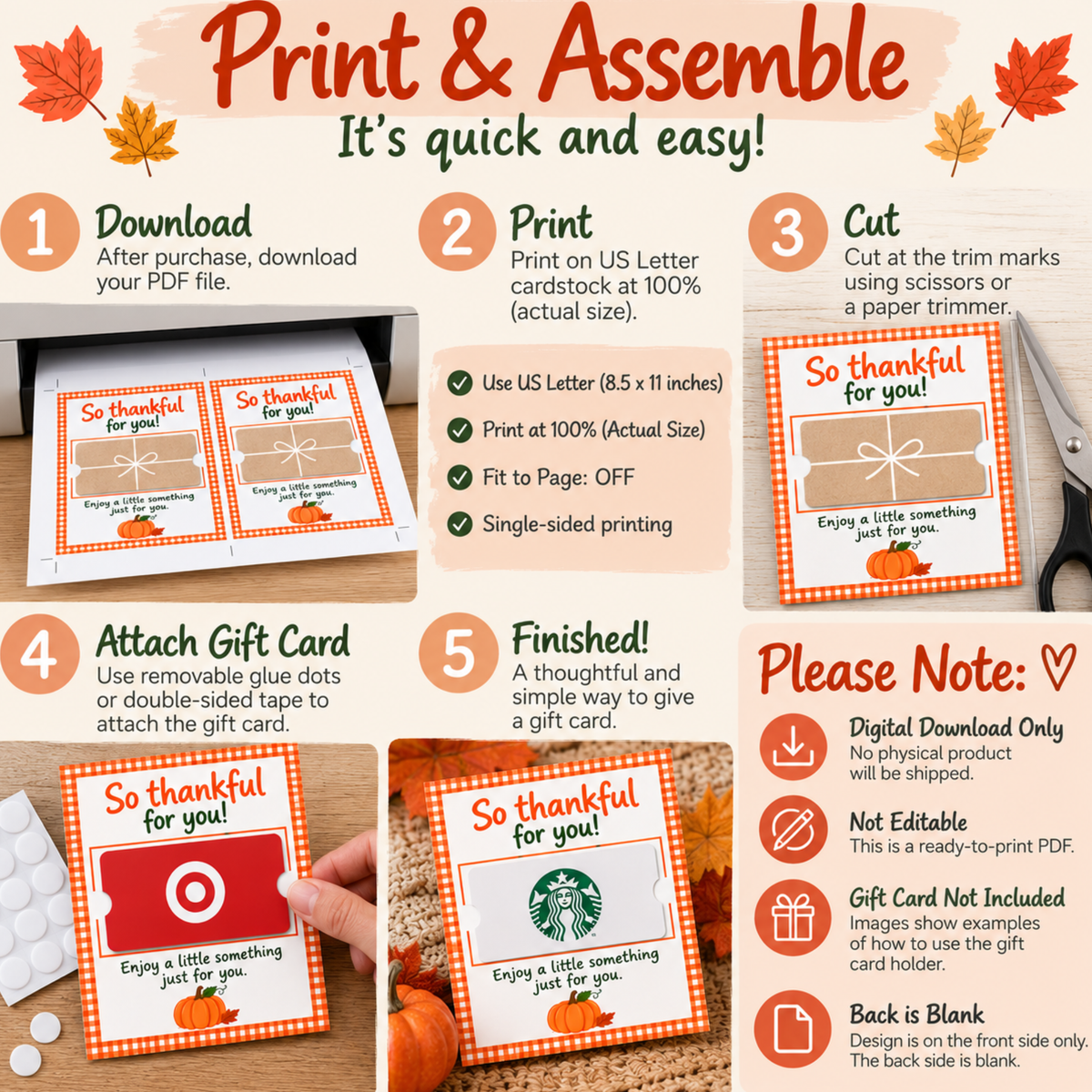 Fall Gift Card Holder Printable, Instant Download