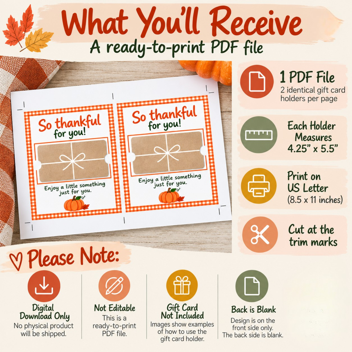 Fall Gift Card Holder Printable, Instant Download