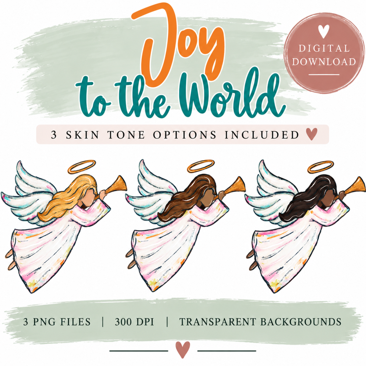 Joy to the World PNG, Christmas Angel PNG, Christian Christmas PNG, Faith Based Christmas Design, 3 Skin Tone Options