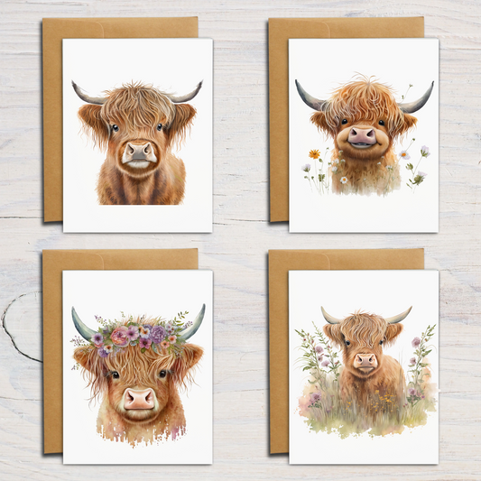 Assorted Highland Cow Note Cards (Set of 12)