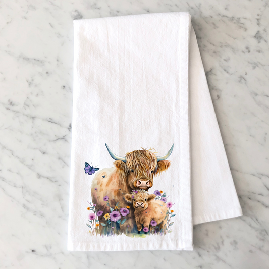 Floral Highland Cows Kitchen Towel