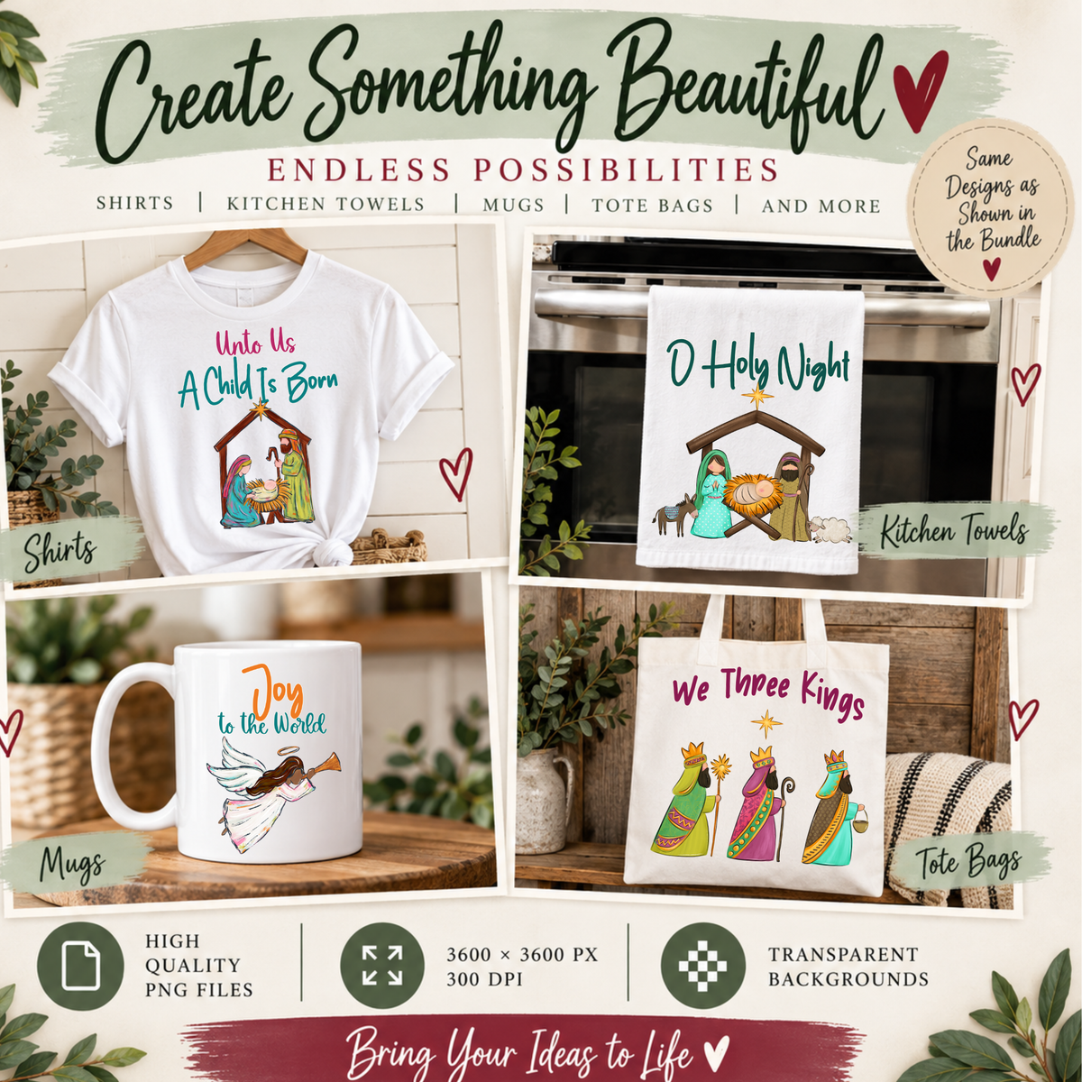 Christian Christmas PNG Bundle, Nativity Sublimation Designs (6 Files)